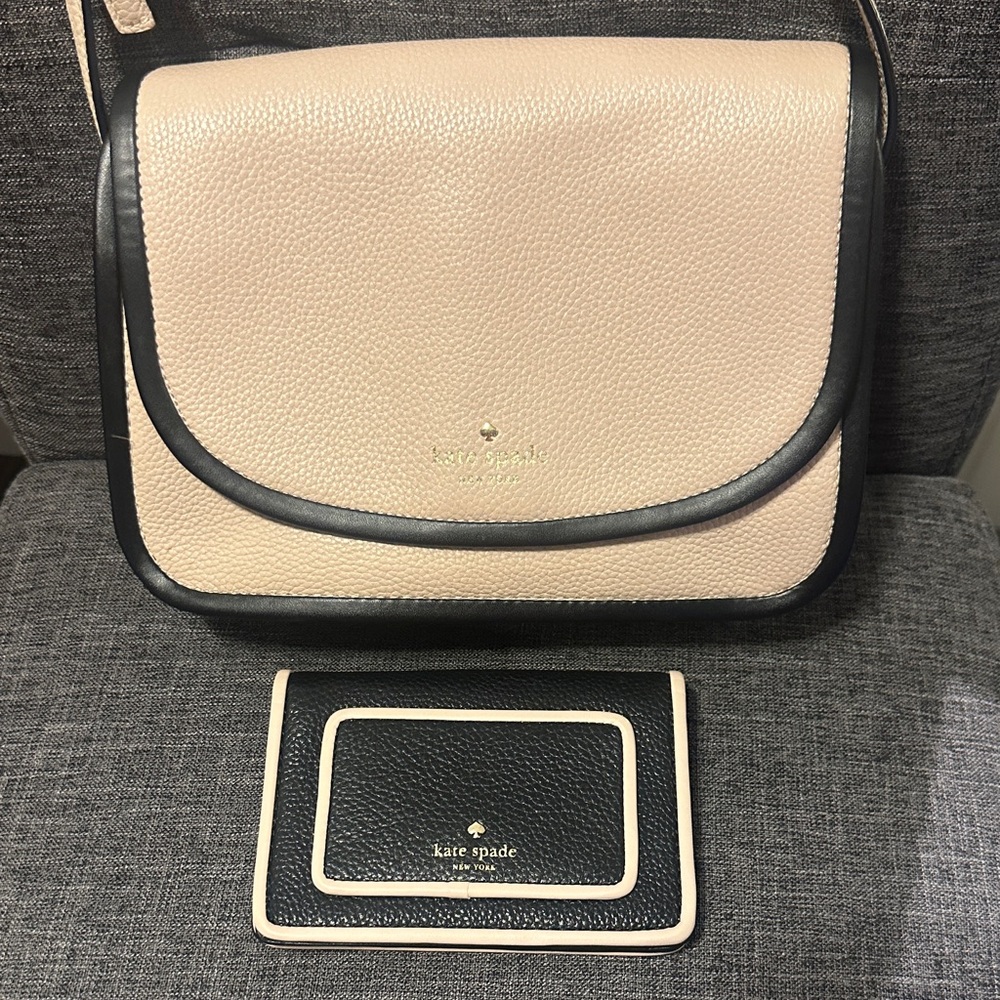 Kate Spade Beige and Black Crossbody Bag with matching Wallet